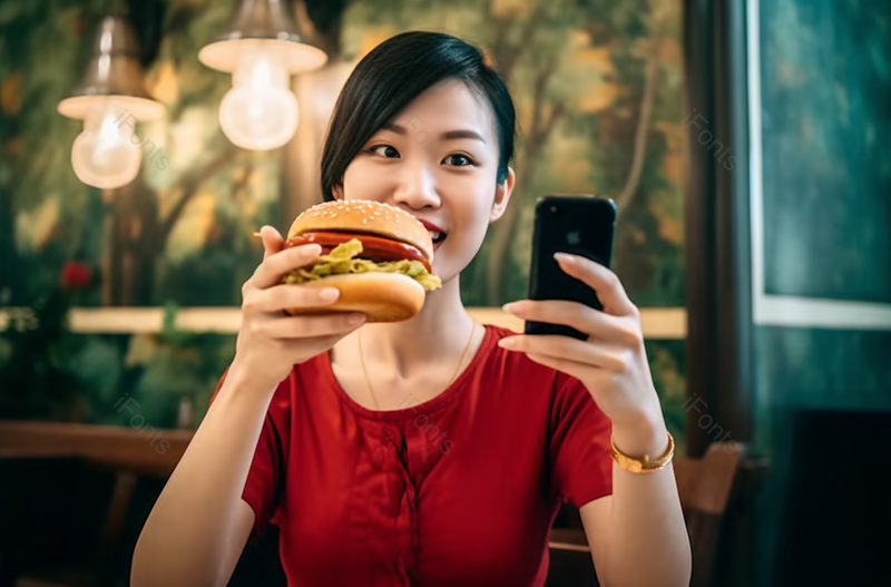 一名年轻亚洲女人在餐厅吃汉堡包使用手机通讯设备拍照手机社交实拍图,高清,摄影图,摄影图片,图片大全,摄影图免费下载